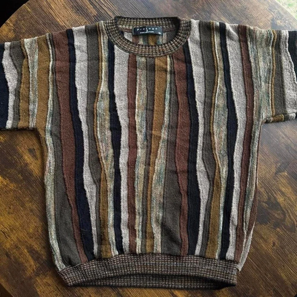 Men's Textured Stripe Crewneck Sweater Size M Brown Earth Tone Coogi Style